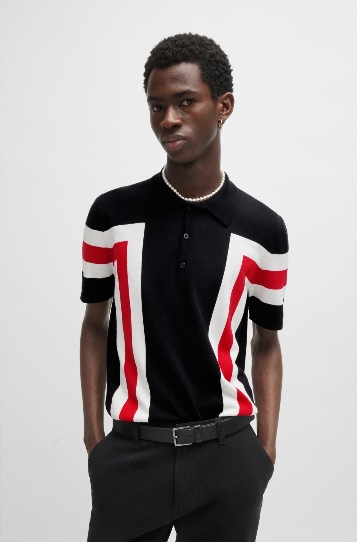 Short-sleeved polo sweater in cotton with block stripes, Black / Red / White