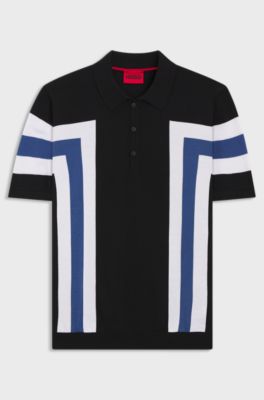 Block-stripe knit polo in cotton, Black / White / Blue