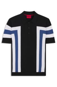Block-stripe knit polo in cotton, Black / White / Blue