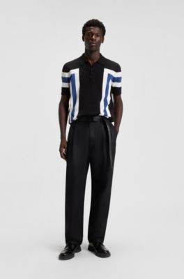 Block-stripe knit polo in cotton, Black / White / Blue