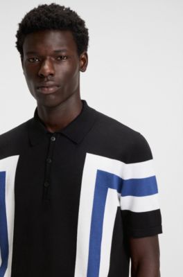 Block-stripe knit polo in cotton, Black / White / Blue