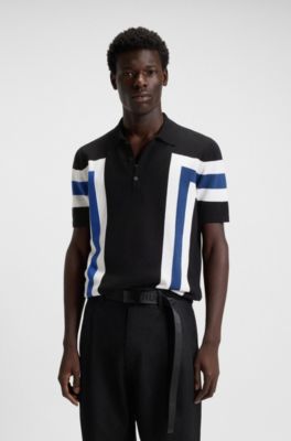 Block-stripe knit polo in cotton, Black / White / Blue