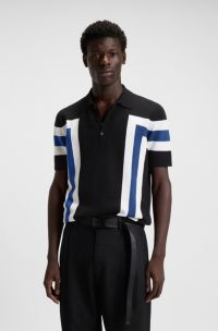 Polo en maille de coton à rayures larges, Noir / Blanc / Bleu