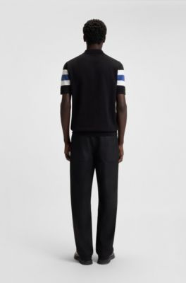 Block-stripe knit polo in cotton, Black / White / Blue