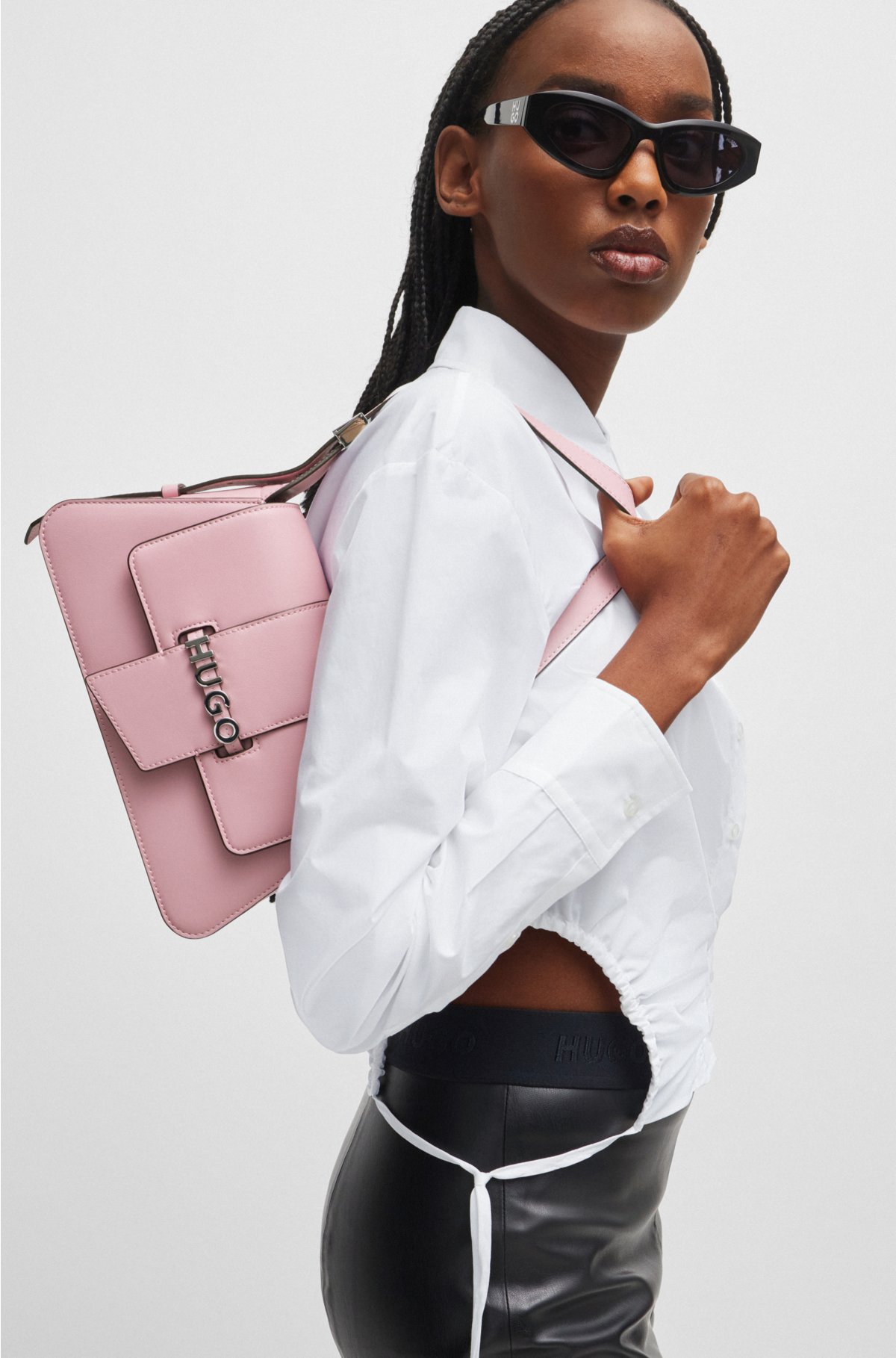 Faux-leather shoulder bag with logo lettering, light pink