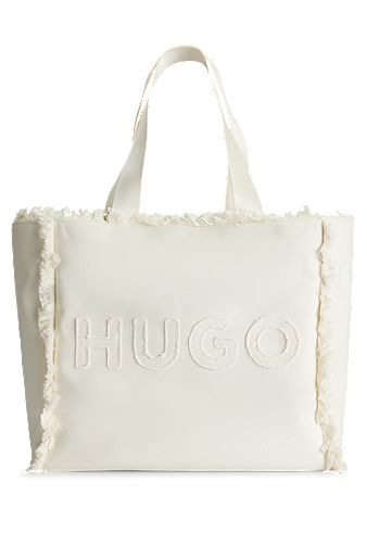 Logo tote bag with fringe detailing, Natural