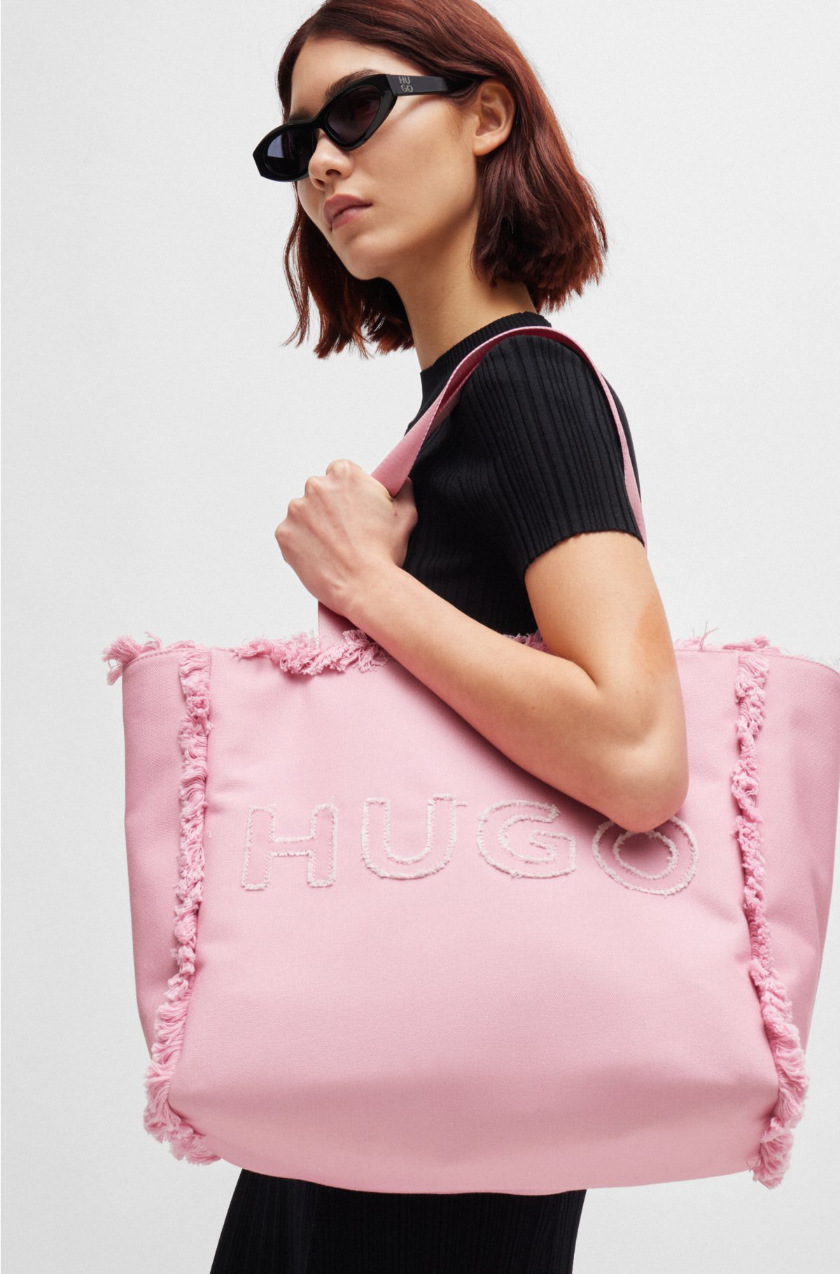 Logo tote bag with fringe detailing, light pink