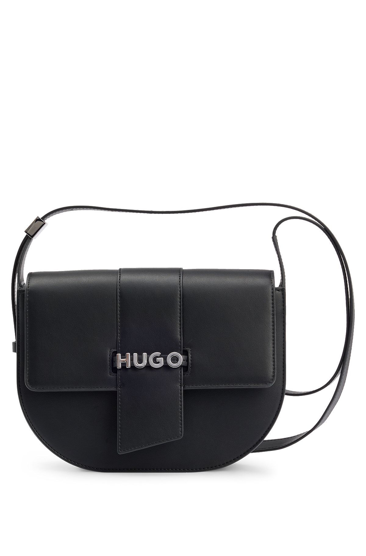 Saddle bag in faux leather with logo lettering, Black
