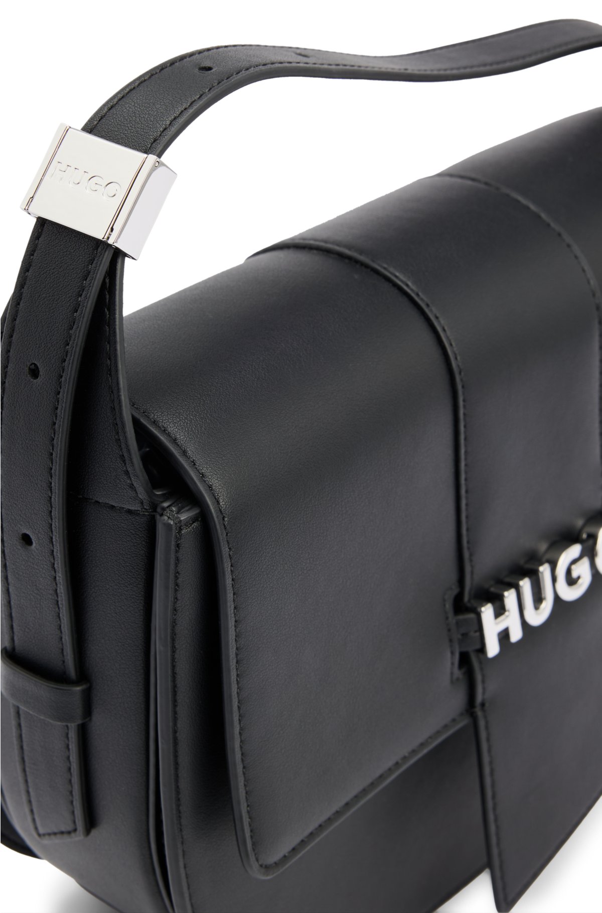Saddle bag in faux leather with logo lettering, Black