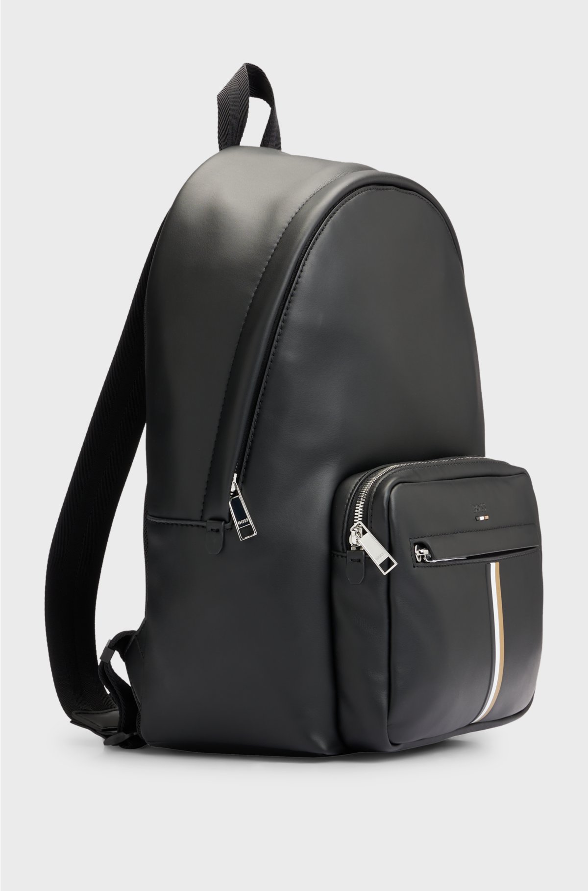 Faux-leather backpack with signature stripe, Black