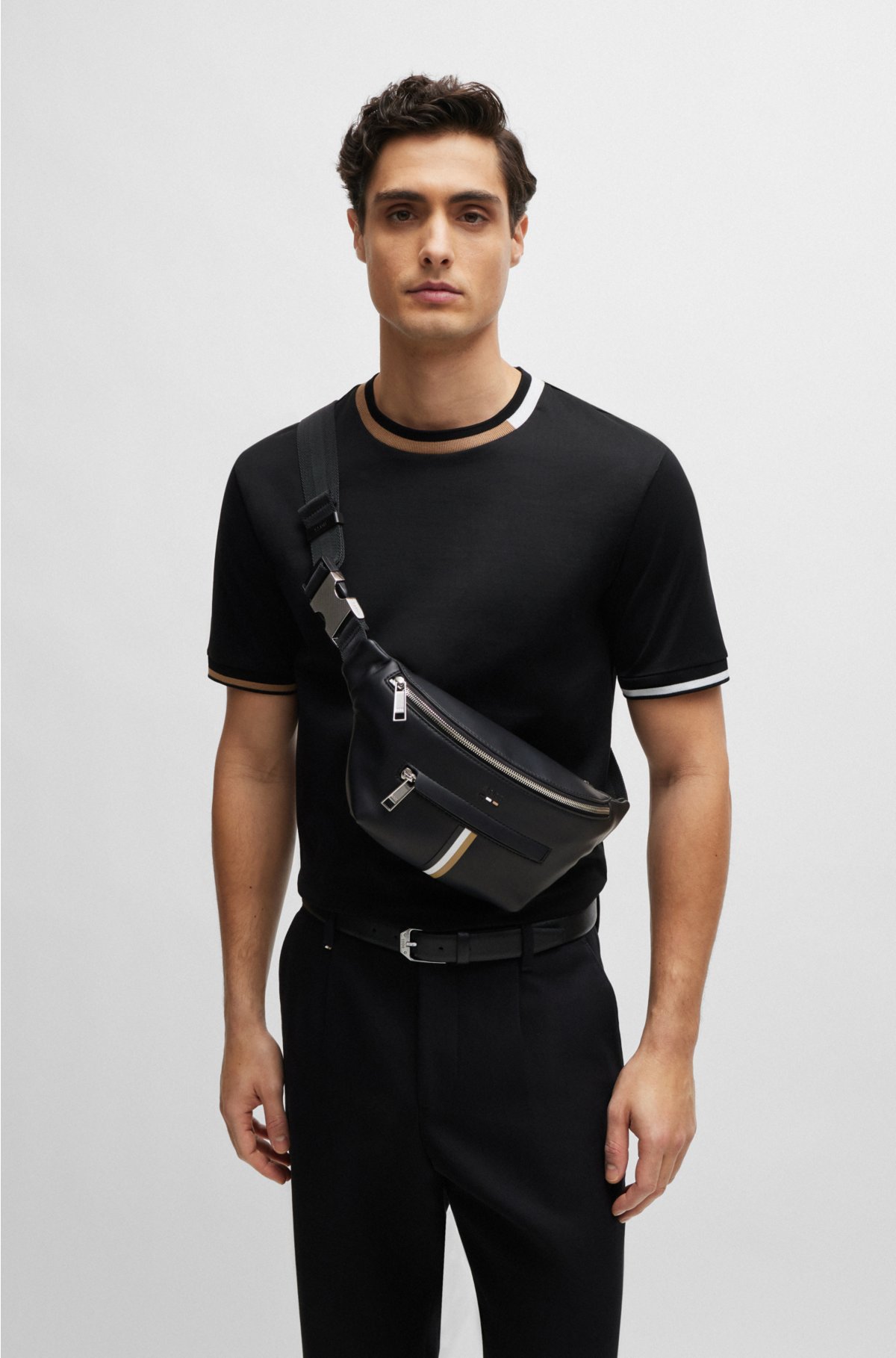 Faux-leather belt bag with signature stripe, Black