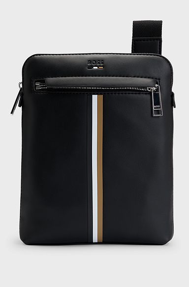 Faux-leather envelope bag with signature stripe, Black