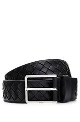 Woven-leather belt with logo buckle in polished hardware, Black