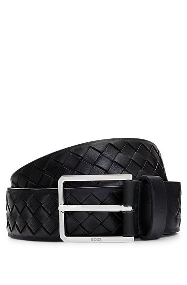 Woven-leather belt with logo buckle in polished hardware, Black