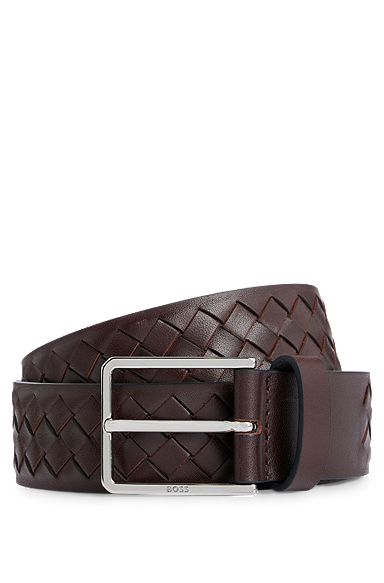 Woven-leather belt with logo buckle in polished hardware, Dark Brown