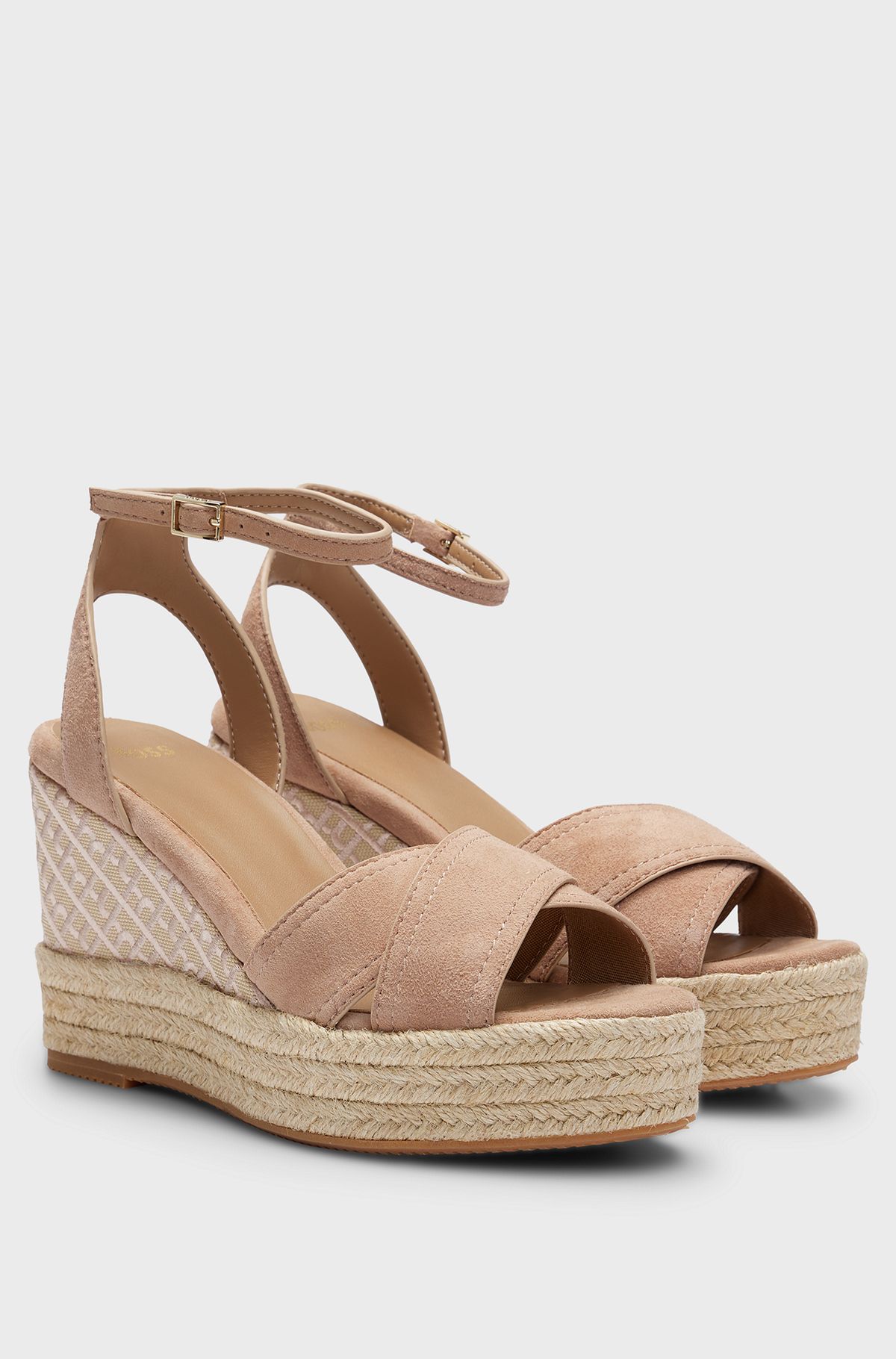 Suede sandals with monogram-patterned wedge and ankle strap, Light Brown