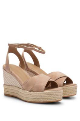 Hugo Boss Suede Sandals With Monogram-patterned Wedge And Ankle Strap In Multi