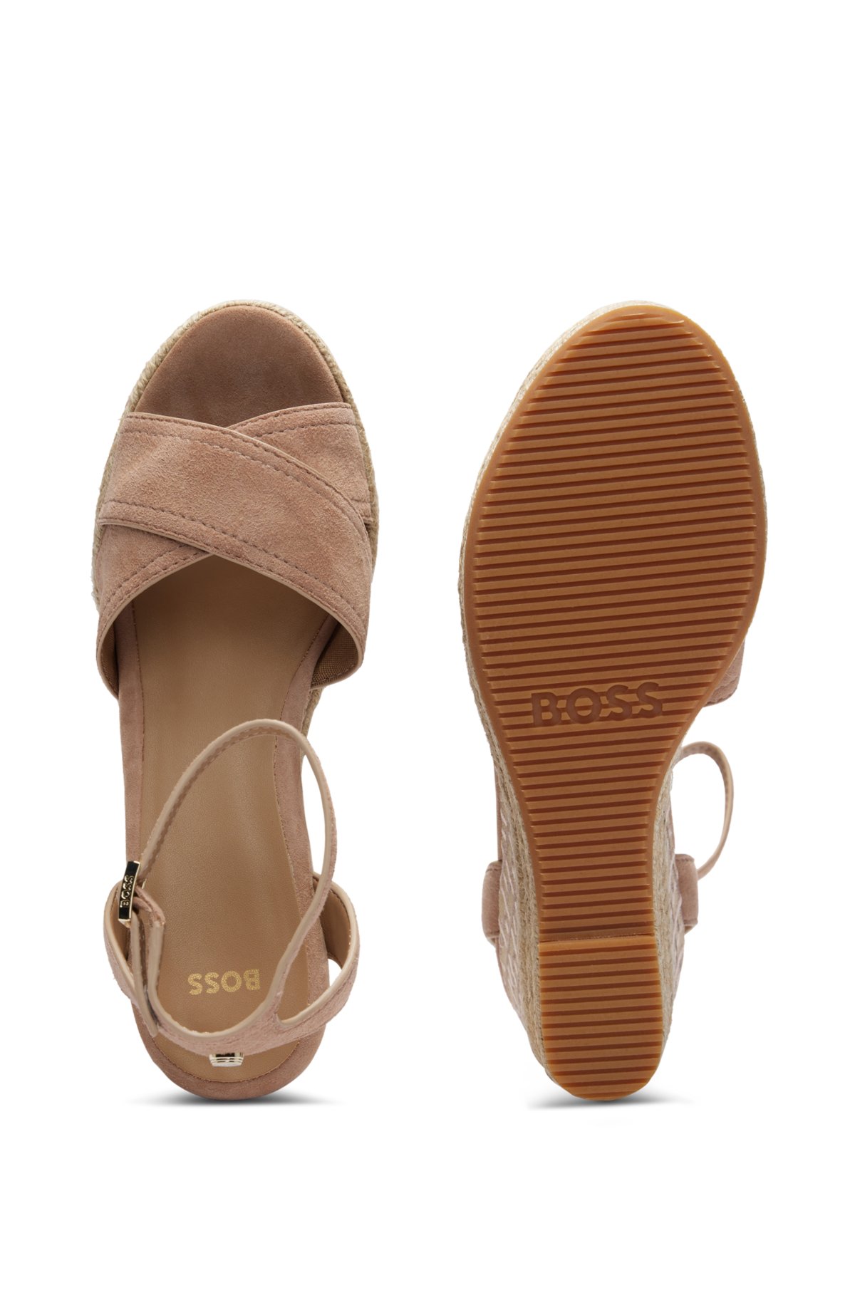Suede sandals with monogram-patterned wedge and ankle strap, Light Brown