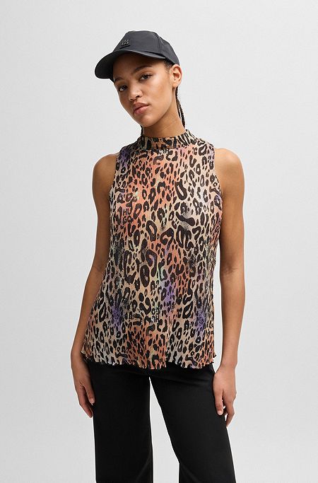 Animal-print top with stacked logo and stand collar, Patterned