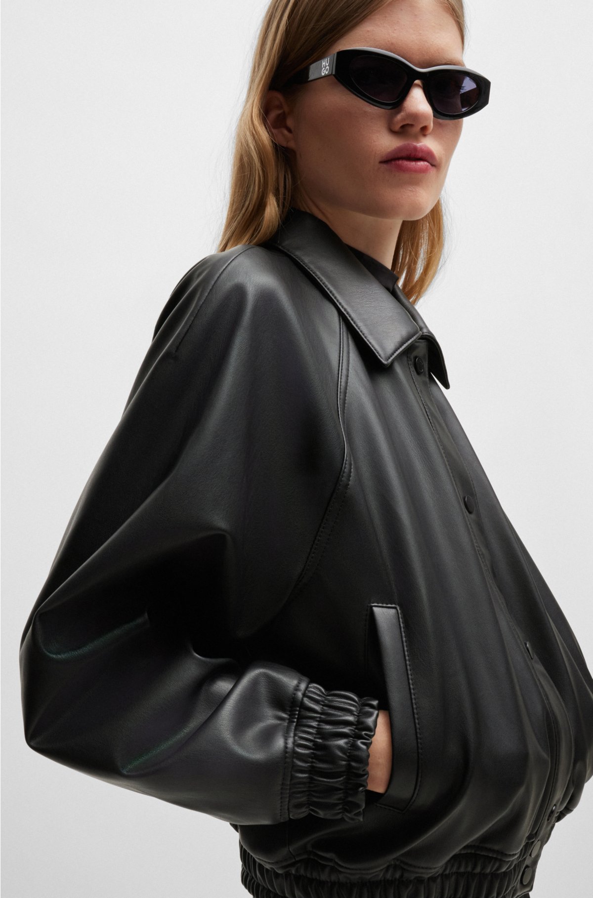 Relaxed-fit jacket in faux leather with rear logo, Black