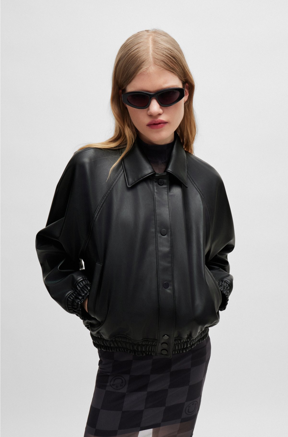 Relaxed-fit jacket in faux leather with rear logo, Black