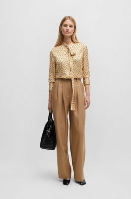 Relaxed-fit blouse in a monogram-print silk blend, Beige Patterned