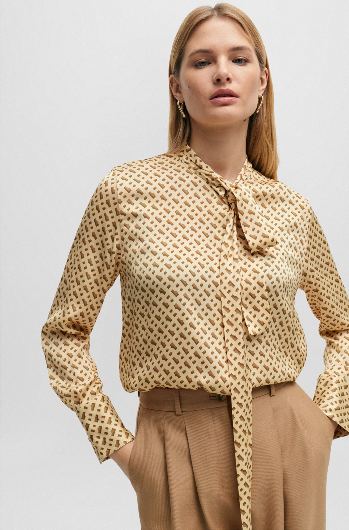 Relaxed-fit blouse in a monogram-print silk blend, Beige Patterned