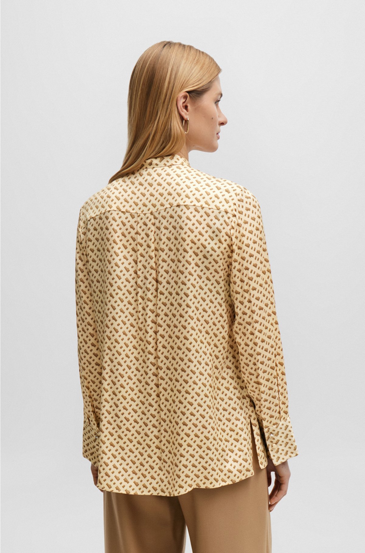 Relaxed-fit blouse in a monogram-print silk blend, Beige Patterned