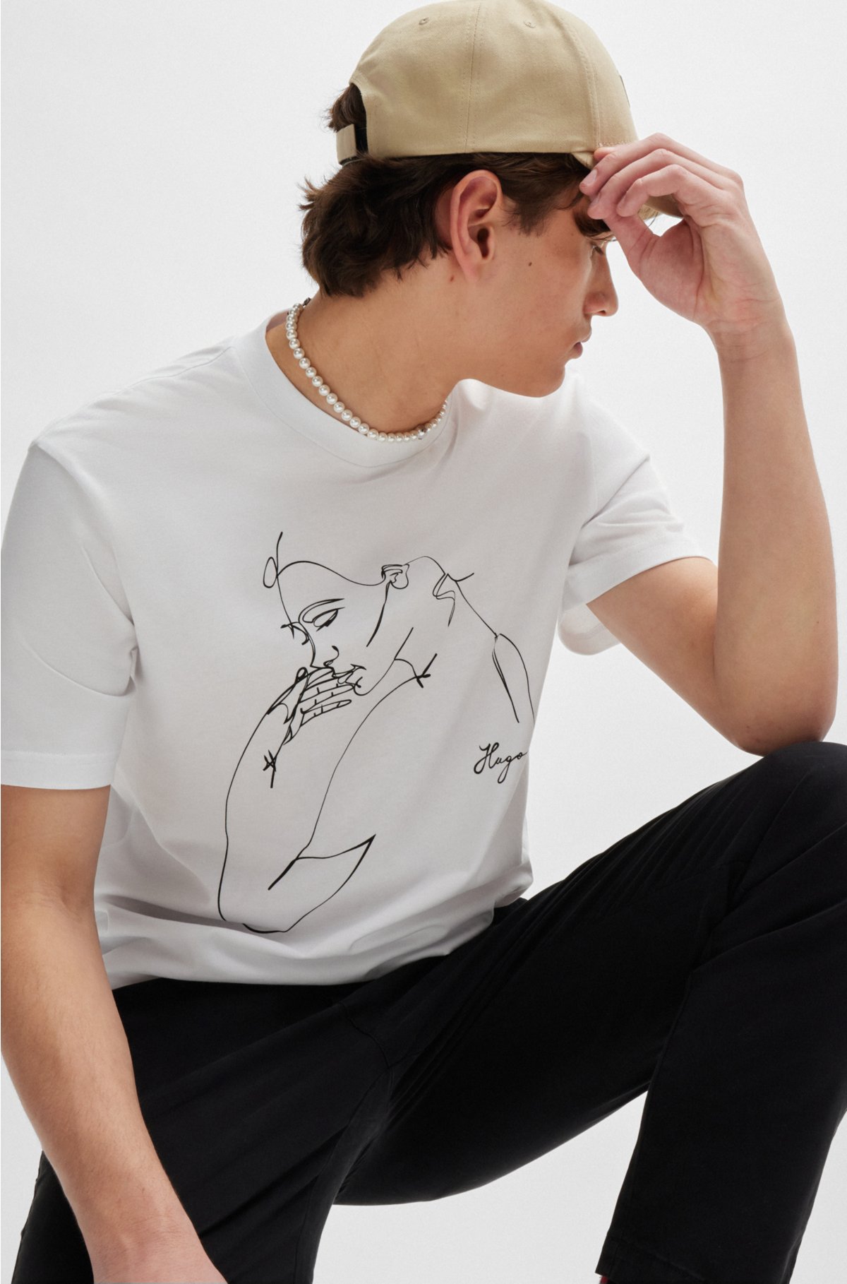 Relaxed-fit T-shirt in cotton jersey with face print, White