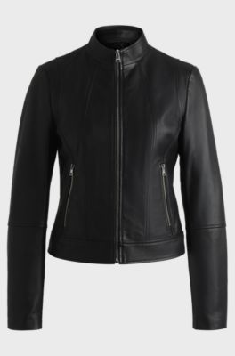 Regular-fit jacket in leather with two-way zip, Black