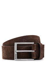 Italian-suede belt with engraved logo buckle, Brown