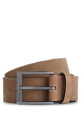 Italian-suede belt with engraved logo buckle, Beige