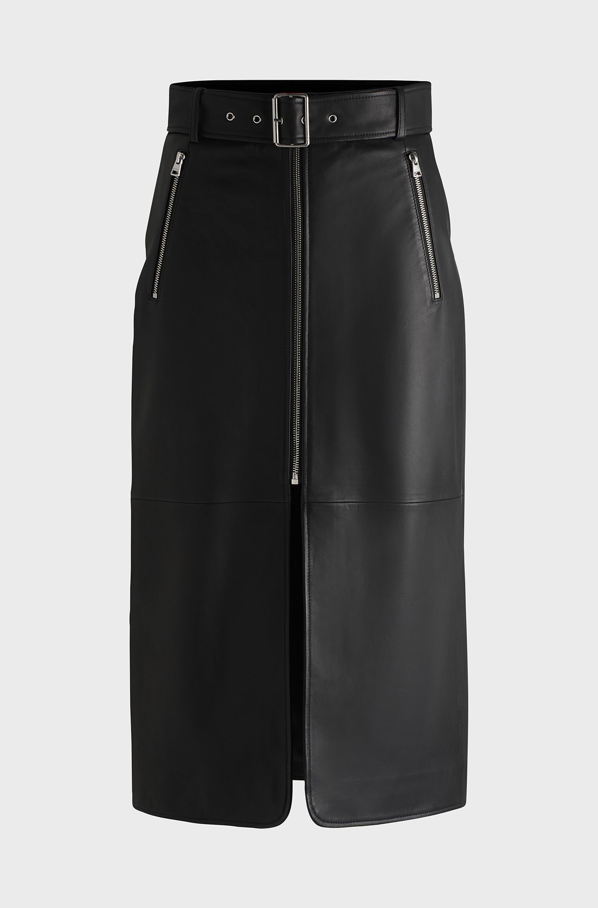 Leather midi skirt with zips and belt, Black