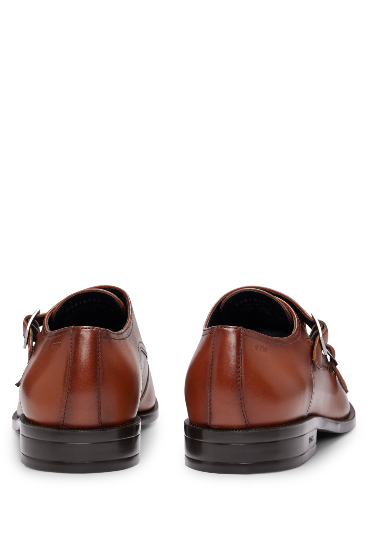Double-monk shoes in smooth leather with branded buckles, Brown