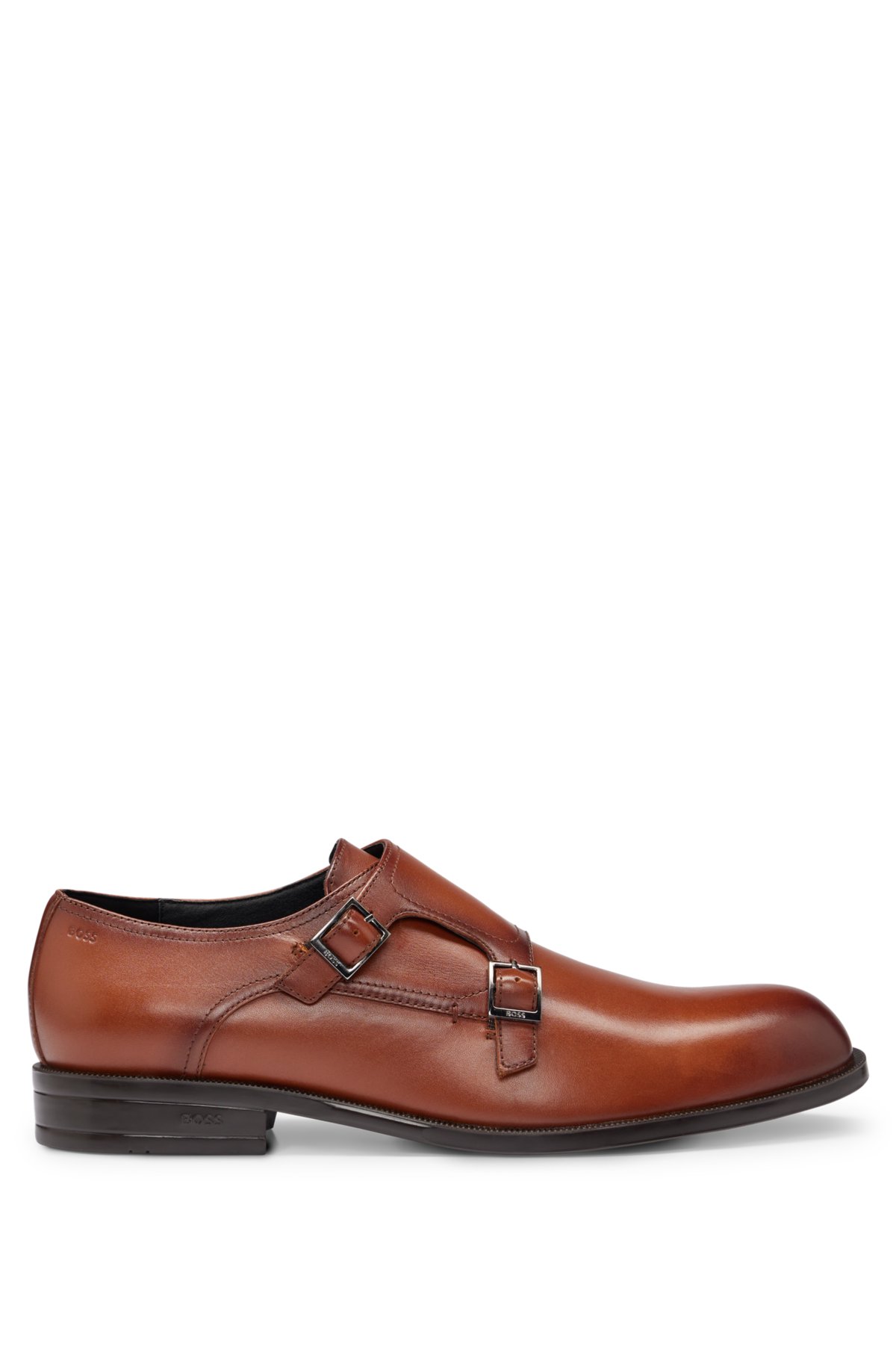 Double-monk shoes in smooth leather with branded buckles, Brown