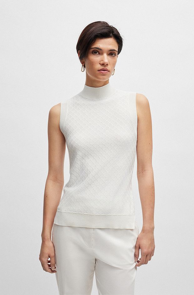 Sleeveless rollneck top in silk and cotton, White