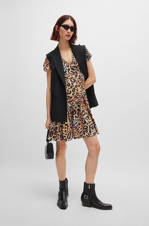Wrap-front dress in leopard-print fabric, Patterned