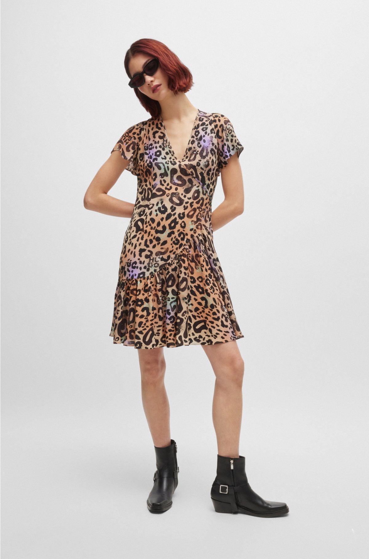 Wrap-front dress in leopard-print fabric, Patterned