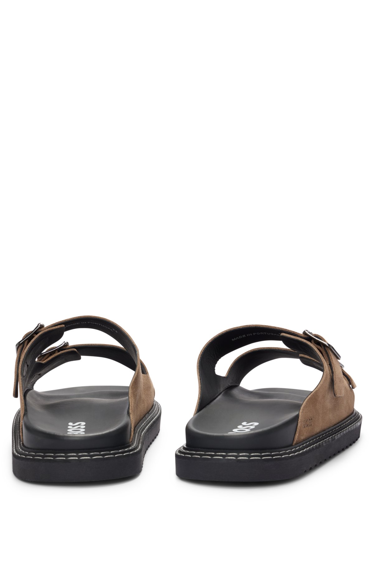 Twin-strap sandals with suede uppers and buckle closure, Beige