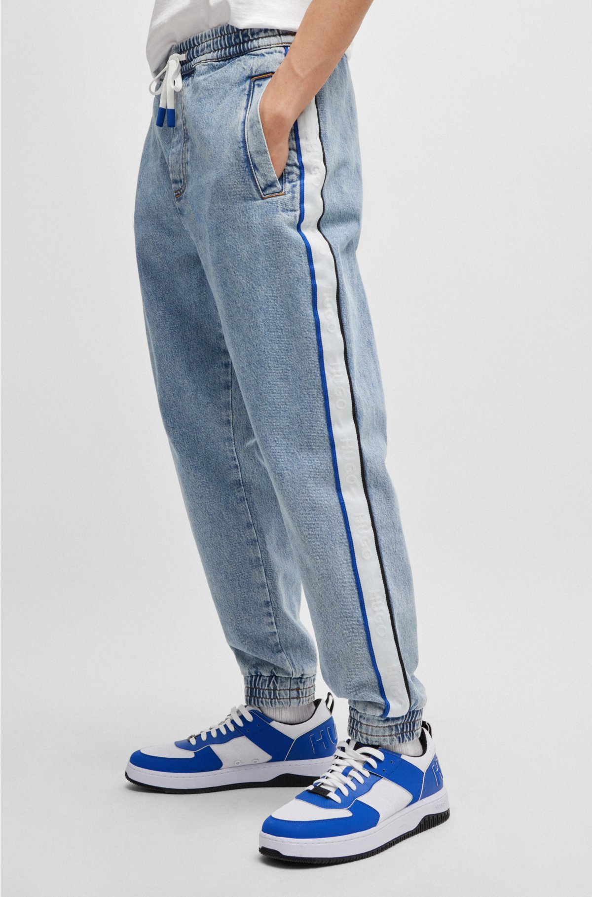Tapered-fit cuffed jeans with logo-tape trims, Blue