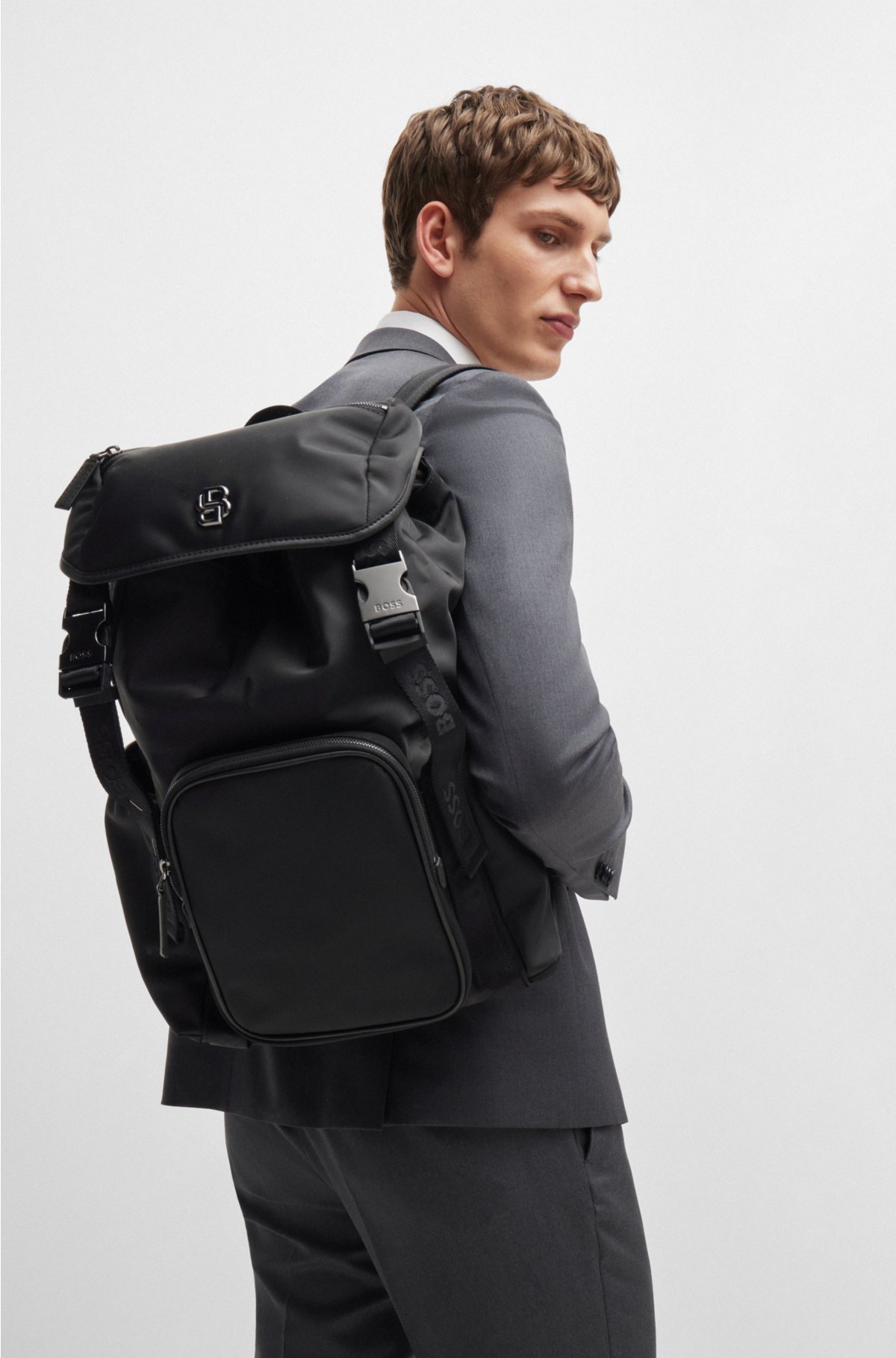 BOSS - Matte-twill backpack with double monogram and full lining