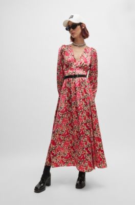 HUGO - Robe longue avec imprimé à fleurs et boutons - Rouge à motif