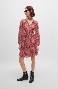 Robe cache-cœur plissée avec imprimé à fleurs et poignets élastiques, Rose à motif