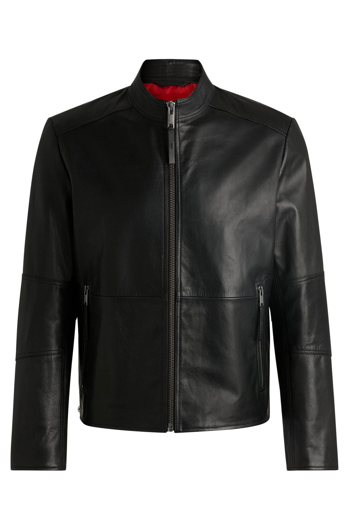 Slim-fit jacket in leather with stand collar, Black