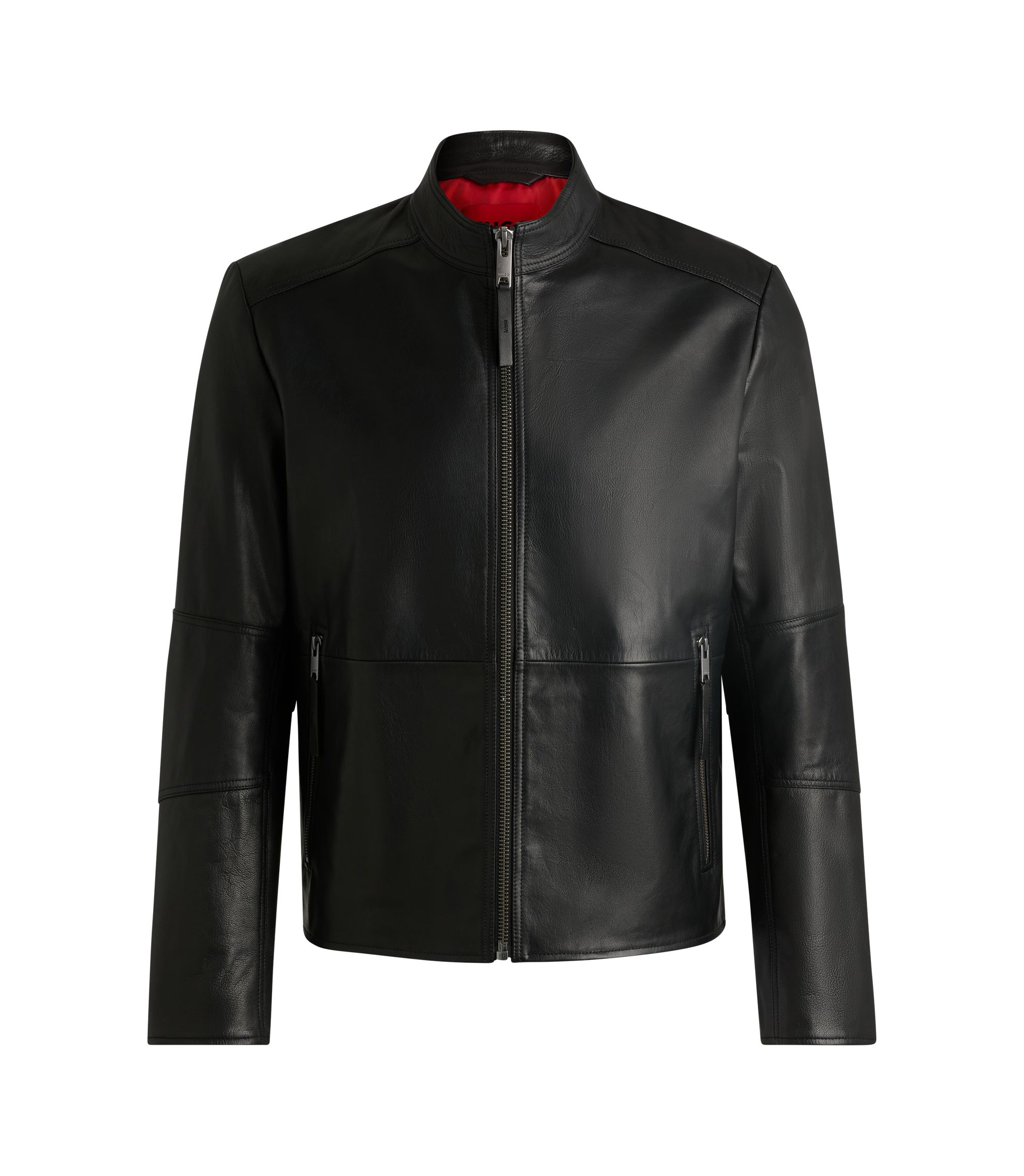 HUGO - Slim-fit jacket in leather with stand collar - Black