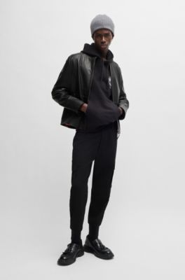 Slim-fit jacket in leather with stand collar, Black