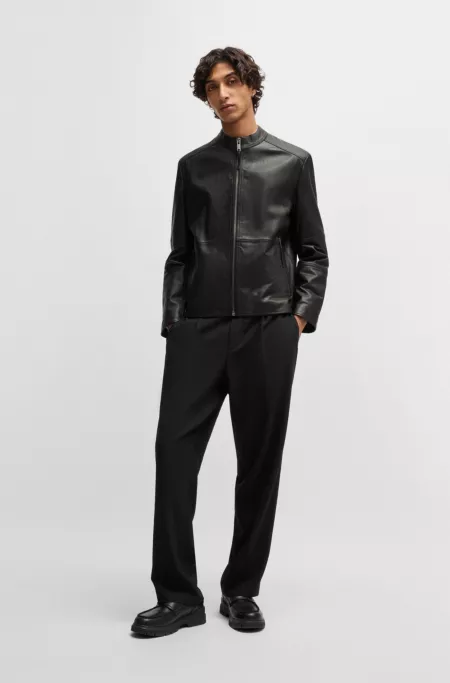 Slim-fit jacket in leather with stand collar