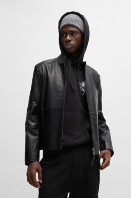 Slim-fit jacket in leather with stand collar, Black