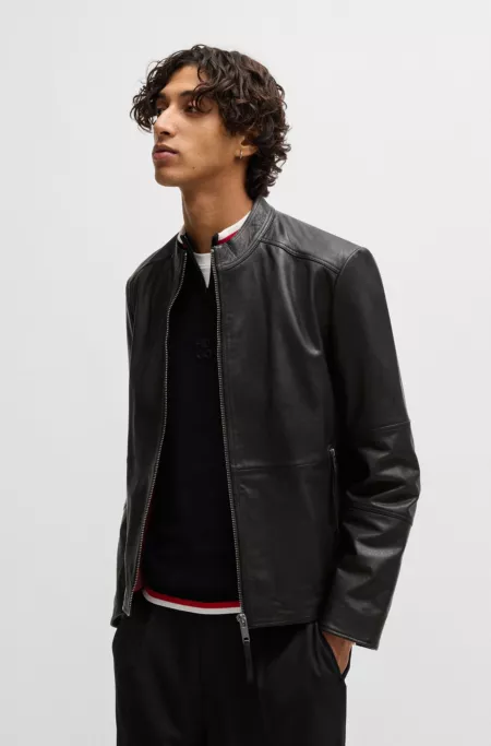Slim-fit jacket in leather with stand collar