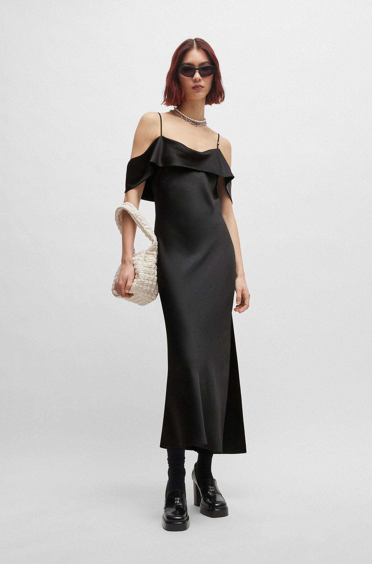 Bardot-neckline dress in satin, Black